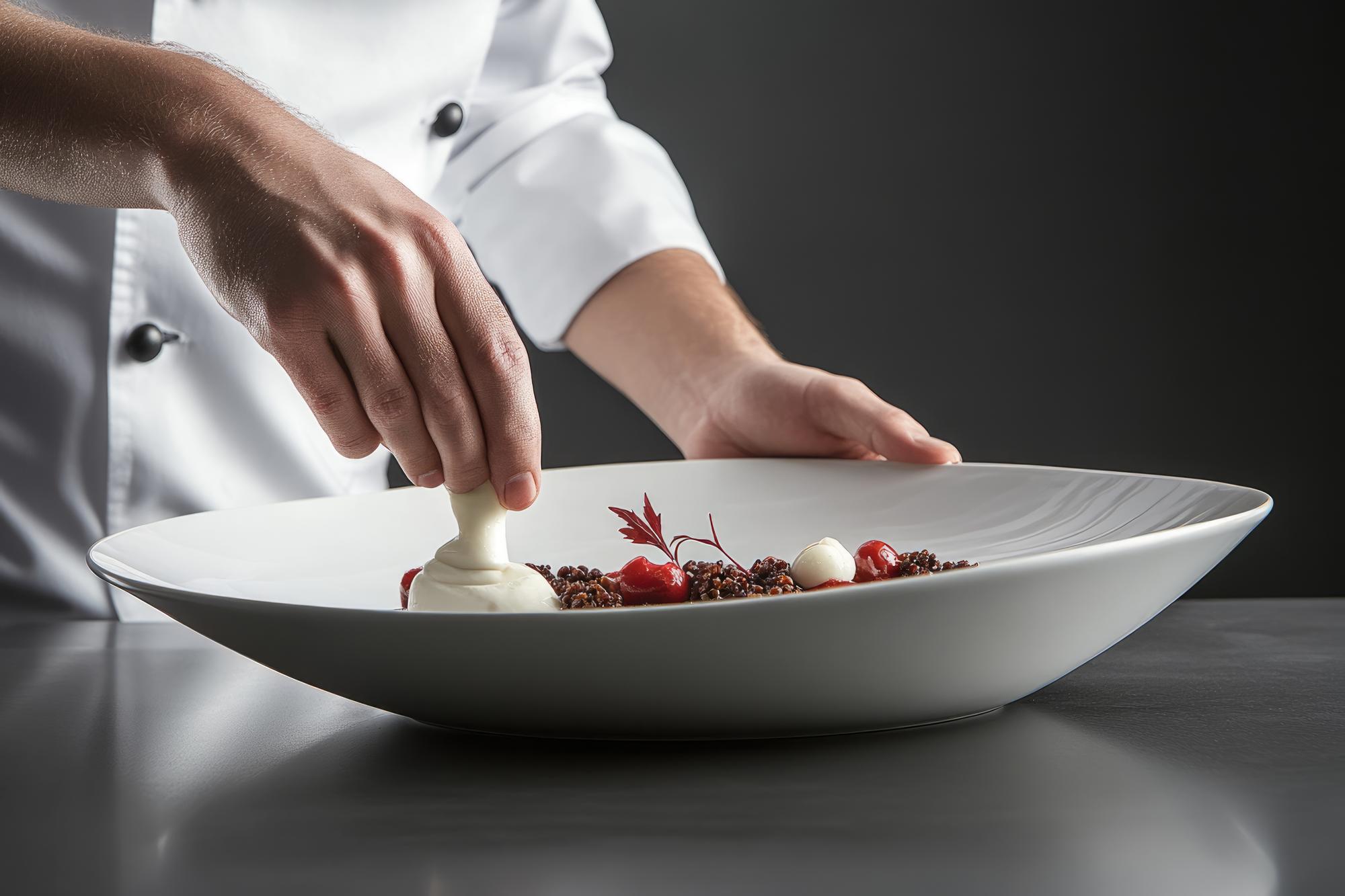 Chef plating a modern dish under studio lights